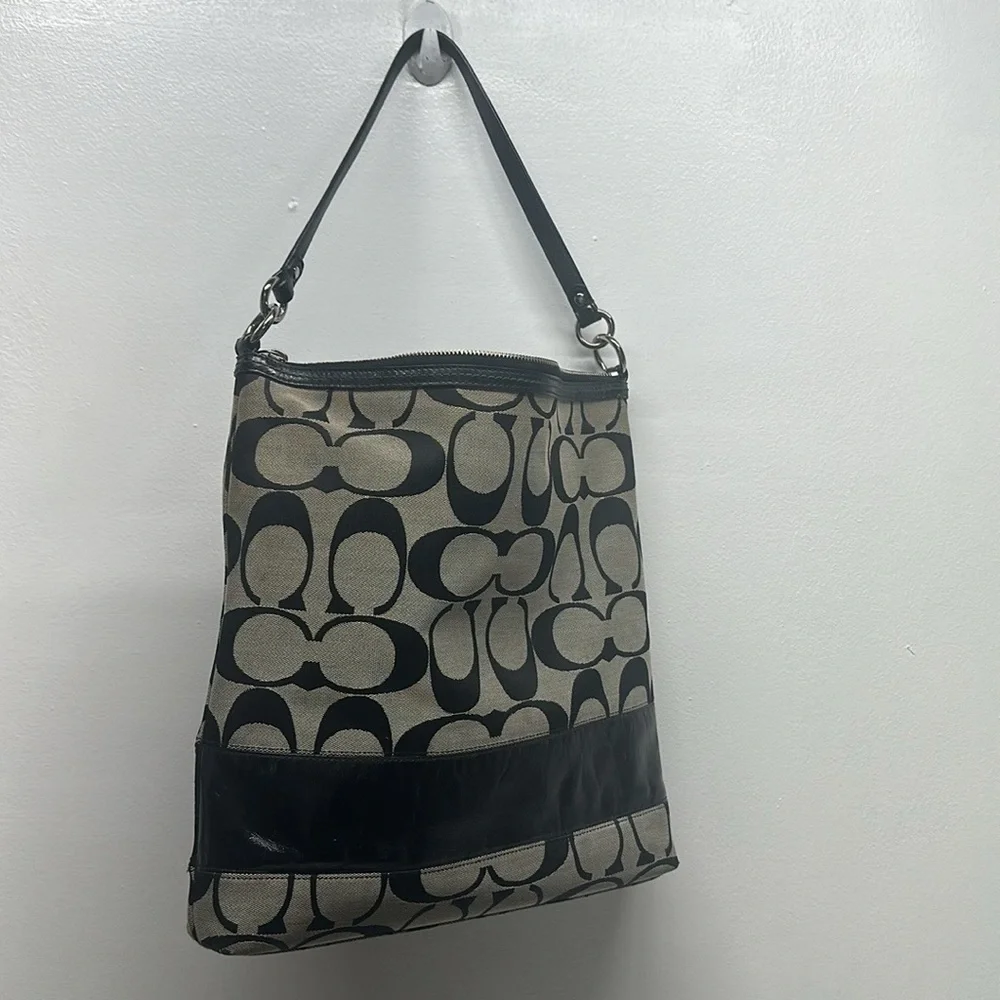 Coach Chelsea Purse Signature Stripe Hobo Bag Shoulder Canvas Leather Black Gray